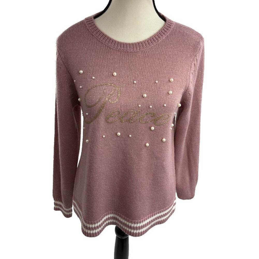 Holiday Time Womens S Sweater Pink Pearl Embellished Peace Christmas Top